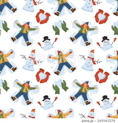 Seamless pattern with funny snowmen, kids making snow angels, and mittens Seamless pattern with funny snowmen, kids making snow angels, and mittens 143541574