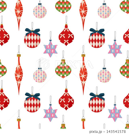 Seamless pattern with Christmas tree decorations, glass baubles, icicles, and stars 143541578