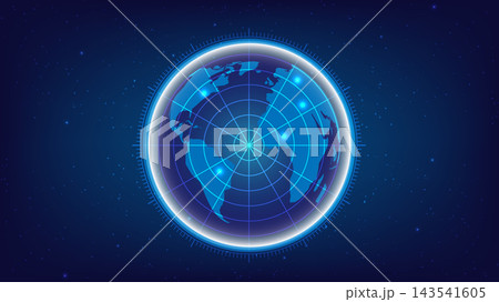 Digital radar scanner interface overlaid on a glowing planet Earth globe set against a starry space Digital radar scanner interface overlaid on a glowing planet Earth globe set against a starry space 143541605