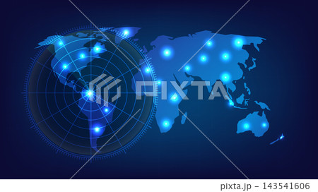 Digital radar scanner interface overlaid on a blue world map with glowing location connection points Digital radar scanner interface overlaid on a blue world map with glowing location connection points 143541606