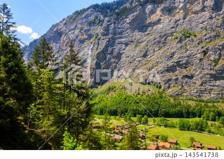 View of Lauterbrunnen Valley in Bernese Oberland, Switzerland. Switzerland nature and travel. Alpine scenery View of Lauterbrunnen Valley in Bernese Oberland, Switzerland. Switzerland nature and travel. Alpine scenery 143541738