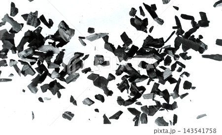 Freeze Motion of Collision of Charcoal Pieces Isolated on White Background 143541758