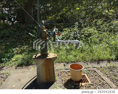 緑地に設置された手押し式の水設備とバケツ 緑地に設置された手押し式の水設備とバケツ 143541816