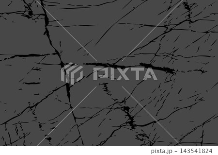 Black cracked marble grunge texture on dark gray background, distressed stone wall overlay, broken surface scratches and veins, abstract damaged concrete pattern, weathered asphalt effect, gritty 143541824