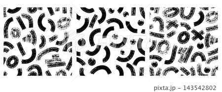 Seamless pattern with bold brush stroke squiggles. Rough grunge texture. Playful arc borders bg. 143542802