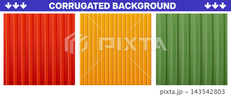 Colorful corrugated metal container texture set. Vertical ribbed steel panels. Seamless iron sheet backgrounds. 143542803