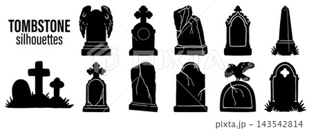 Black tombstone silhouettes with winged monuments, ornate crosses, slender obelisk and with raven. Vector elements for spooky Halloween or cemetery designs. Black tombstone silhouettes with winged monuments, ornate crosses, slender obelisk and with raven. Vector elements for spooky Halloween or cemetery designs. 143542814