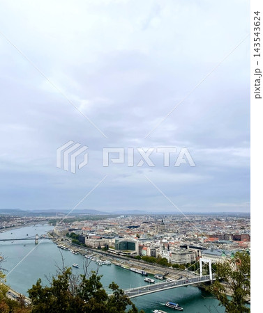 Budapest city panorama with Danube river and Elisabeth Bridge from Gellert Hill, cloudy day, Hungary Budapest city panorama with Danube river and Elisabeth Bridge from Gellert Hill, cloudy day, Hungary 143543624