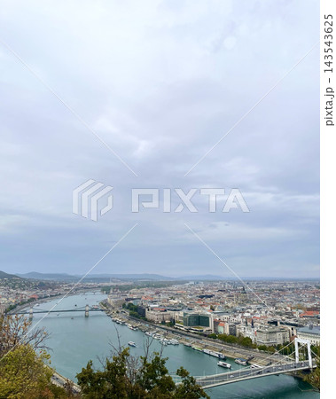 Budapest city panorama with Danube river and Elisabeth Bridge from Gellert Hill, cloudy day, Hungary Budapest city panorama with Danube river and Elisabeth Bridge from Gellert Hill, cloudy day, Hungary 143543625