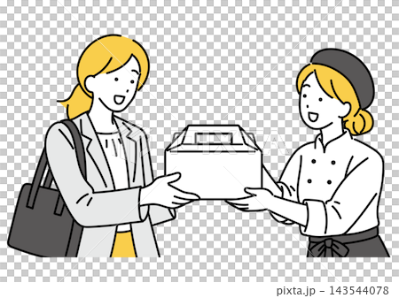 ケーキを受け取る女性会社員イラスト ケーキを受け取る女性会社員イラスト 143544078