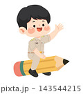 Cute Thai teacher character riding a pencil and waving for education concept illustration 143544215