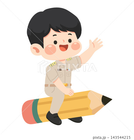 Cute Thai teacher character riding a pencil and waving for education concept illustration Cute Thai teacher character riding a pencil and waving for education concept illustration 143544215