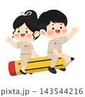 Thai Civil Servant Characters Sitting on Giant Pencil Cartoon 143544216