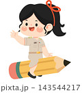 Thai Female Teacher in Khaki Uniform Sitting on Giant Pencil Cartoon Character 143544217