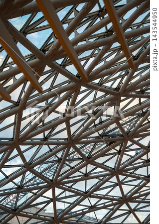 Intricate Glass and Steel Dome Architecture With Geometric Lattice Structure Over Indoor Atrium Space 143544950