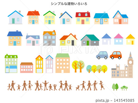 シンプルな建物いろいろと人々のシルエット シンプルな建物いろいろと人々のシルエット 143545085