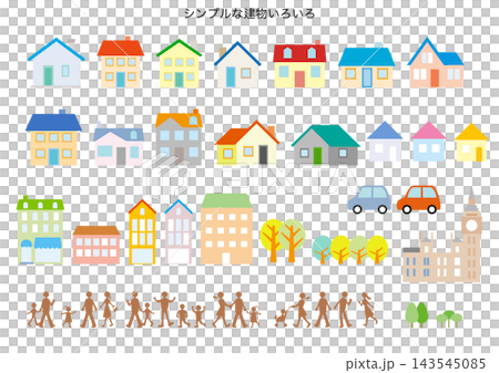 シンプルな建物いろいろと人々のシルエット シンプルな建物いろいろと人々のシルエット 143545085