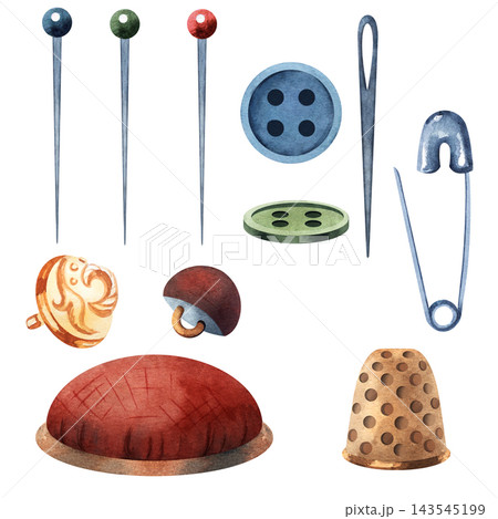 Watercolor collection of sewing and embroidery notions including needles, buttons, a safety pin, pincushion, and thimble, isolated for needlework guides, craft projects, and textile design 143545199