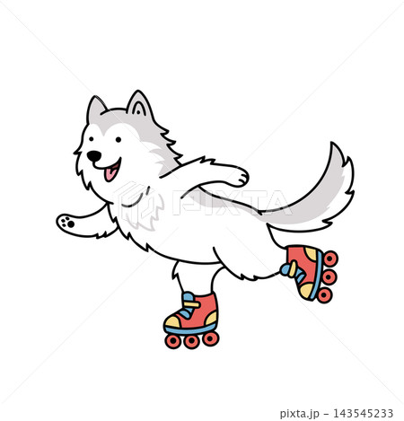 Cute samoyed puppy cartoon dog vector illustration roller skating. Happy playful energetic active pet fitness lifestyle concept. Kids apparel nursery room sticker print clip art design. Cute samoyed puppy cartoon dog vector illustration roller skating. Happy playful energetic active pet fitness lifestyle concept. Kids apparel nursery room sticker print clip art design. 143545233