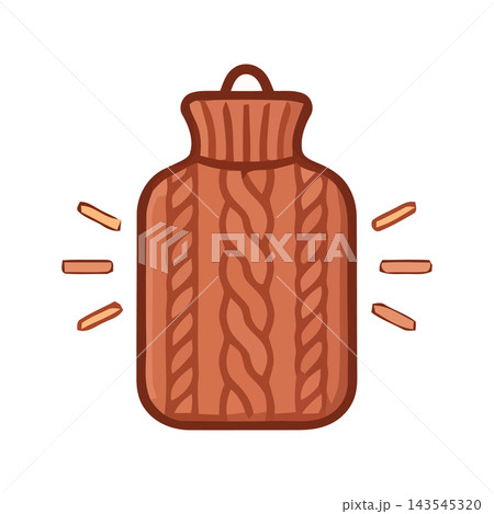 Illustration of a warm, knitted hot water bottle with radiating light, symbolizing comfort and heat. Illustration of a warm, knitted hot water bottle with radiating light, symbolizing comfort and heat. 143545320