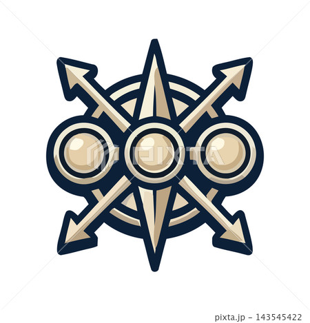 Stylized compass rose emblem with directional arrows, representing guidance, exploration, and choice. Stylized compass rose emblem with directional arrows, representing guidance, exploration, and choice. 143545422