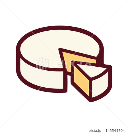 A stylized, simple icon of a round cheese with a wedge slice removed, perfect for food-related graphics. A stylized, simple icon of a round cheese with a wedge slice removed, perfect for food-related graphics. 143545704