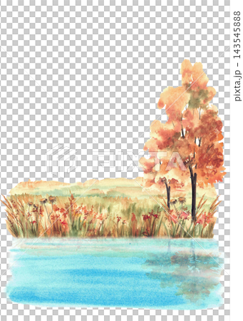 Autumn landscape with deciduous fall trees in golden orange field reflected in water of lakes or rivers. Hand painted watercolor fall nature illustration isolated from background for card, poster. Autumn landscape with deciduous fall trees in golden orange field reflected in water of lakes or rivers. Hand painted watercolor fall nature illustration isolated from background for card, poster. 143545888
