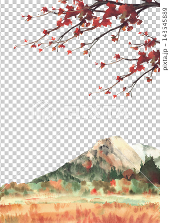 Mountain fall forest watercolor landscape with autumn deciduous tree branch with red, orange and warm brown leaves. Realistic golden October or November nature card. Hand drawn isolated illustration. Mountain fall forest watercolor landscape with autumn deciduous tree branch with red, orange and warm brown leaves. Realistic golden October or November nature card. Hand drawn isolated illustration. 143545889