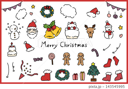 かわいいサンタや雪だるまの手描き風クリスマス素材セット カラー かわいいサンタや雪だるまの手描き風クリスマス素材セット カラー 143545995