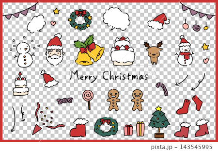 かわいいサンタや雪だるまの手描き風クリスマス素材セット カラー かわいいサンタや雪だるまの手描き風クリスマス素材セット カラー 143545995