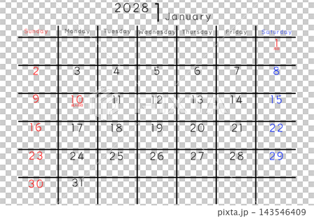 2028年1月簡易日曆 - 英文版星期 143546409