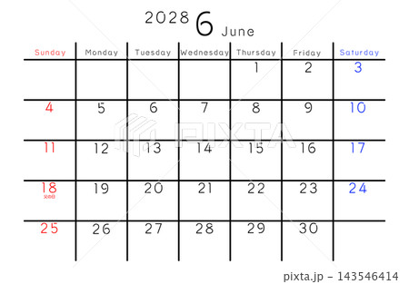 2028年シンプルカレンダー 6月　曜日英語 143546414