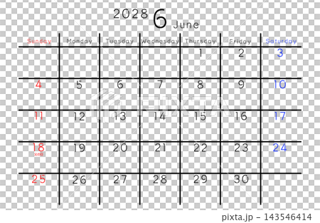 2028年シンプルカレンダー 6月　曜日英語 143546414