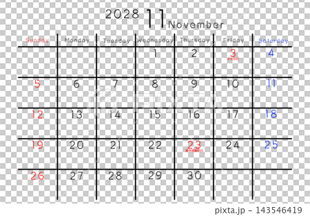 2028年11月簡易日曆 - 英文版星期 143546419