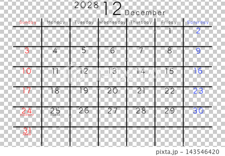 2028年簡易日曆 - 十二月 - 星期(英文版) 2028年簡易日曆 - 十二月 - 星期(英文版) 143546420
