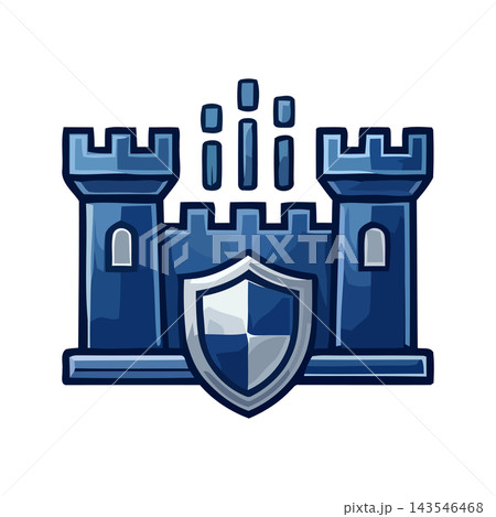 Stylized blue fortress castle with a shield and digital data stream icon, symbolizing security and digital protection. Stylized blue fortress castle with a shield and digital data stream icon, symbolizing security and digital protection. 143546468