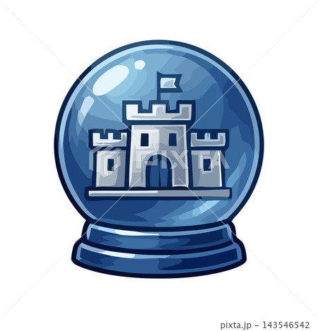 Stylized illustration of a snow globe containing a castle, representing fantasy, magic, or winter themes. 143546542