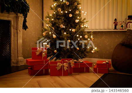 Christmas tree with glowing lights and red presents. 3d render 143546560