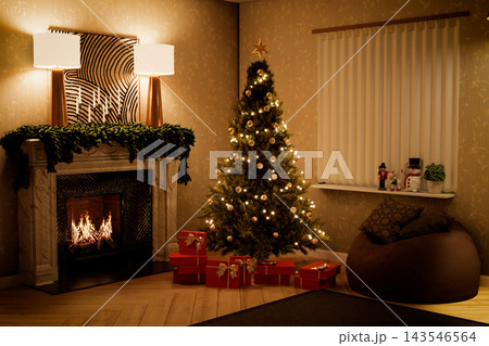 Cozy Christmas living room with burning fireplace. 3d render Cozy Christmas living room with burning fireplace. 3d render 143546564