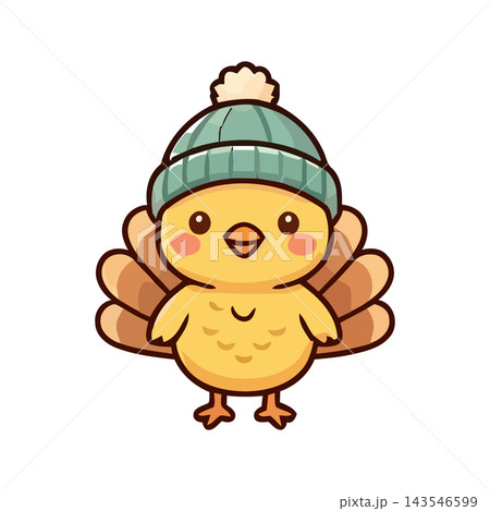 Adorable cartoon baby turkey chick with a winter hat, perfect for autumn or holiday themes. 143546599