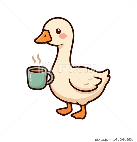 Adorable cartoon goose holding a cup of hot coffee, kawaii style illustration. Adorable cartoon goose holding a cup of hot coffee, kawaii style illustration. 143546600