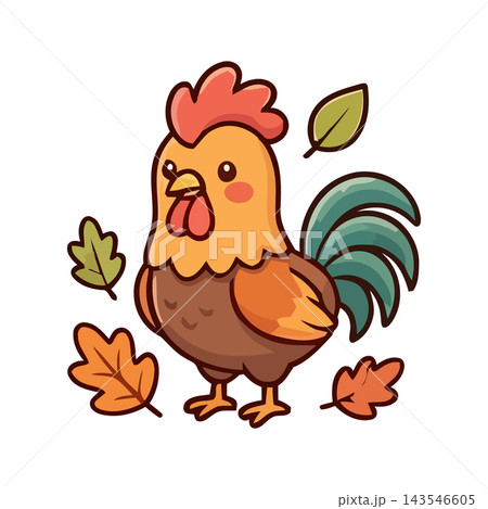 A charming cartoon illustration of a rooster surrounded by colorful autumn leaves, perfect for fall themes and farm animal graphics. 143546605