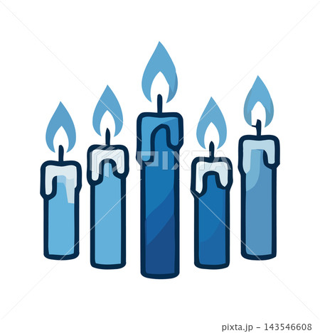 Five blue candles, lit and burning with bright flames, show dripping wax. A symbol of celebration, remembrance, or cozy ambiance. Five blue candles, lit and burning with bright flames, show dripping wax. A symbol of celebration, remembrance, or cozy ambiance. 143546608