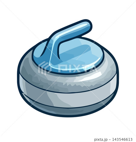Simple cartoon illustration of a curling stone, a gray granite rock with a blue handle, isolated on white. 143546613