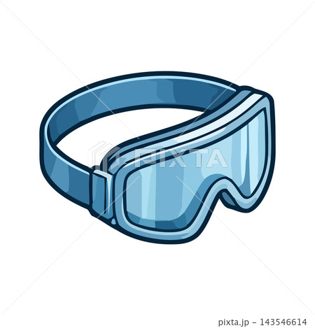 A cartoon illustration of a pair of blue ski goggles with a white strap, isolated on a white background. 143546614