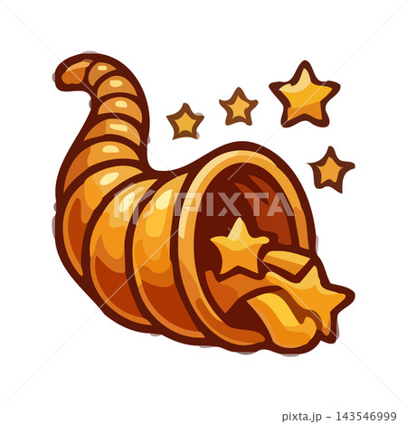 A stylized golden cornucopia spilling out bright yellow stars, representing luck, success, and prosperity. A stylized golden cornucopia spilling out bright yellow stars, representing luck, success, and prosperity. 143546999