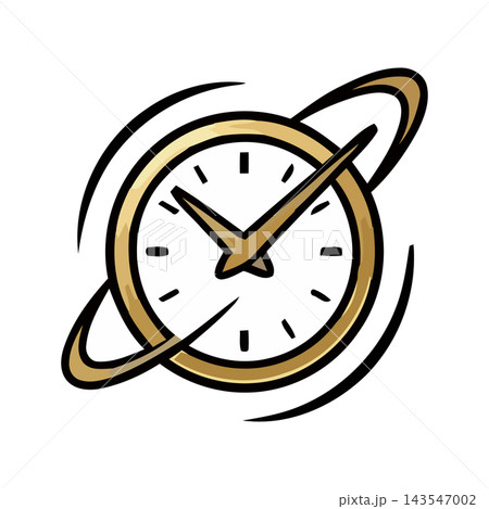Stylized golden clock with orbiting rings, symbolizing time, speed, and space. Modern icon graphic. Stylized golden clock with orbiting rings, symbolizing time, speed, and space. Modern icon graphic. 143547002