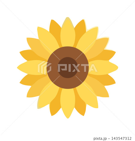 A cheerful, flat design icon of a sunflower with bright yellow petals and a brown center, isolated on a white background. A cheerful, flat design icon of a sunflower with bright yellow petals and a brown center, isolated on a white background. 143547312