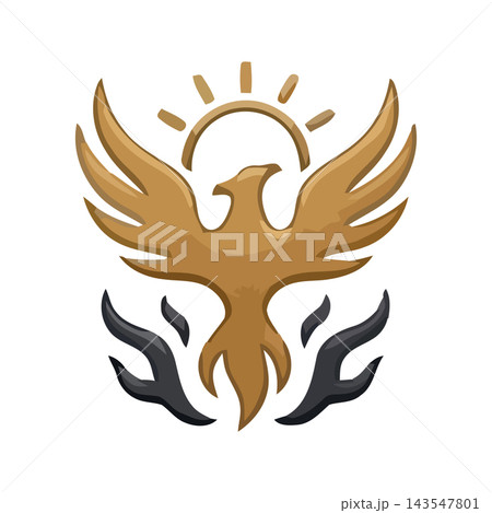 Symbolic image of a golden phoenix emerging from dark flames, with a radiant sun overhead. Represents rebirth, hope, and power. Symbolic image of a golden phoenix emerging from dark flames, with a radiant sun overhead. Represents rebirth, hope, and power. 143547801