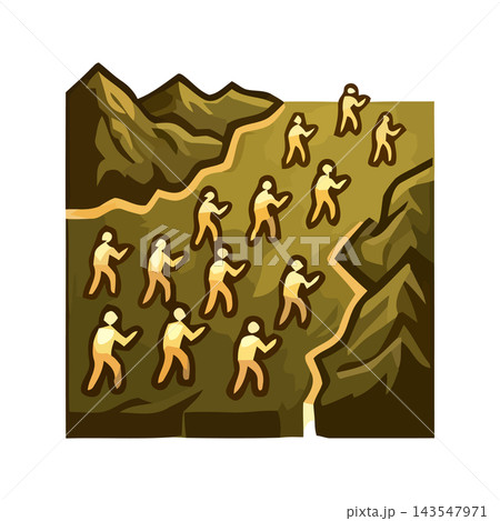 A stylized illustration of a large group of people walking up a winding path through mountains, symbolizing movement and collective action. A stylized illustration of a large group of people walking up a winding path through mountains, symbolizing movement and collective action. 143547971